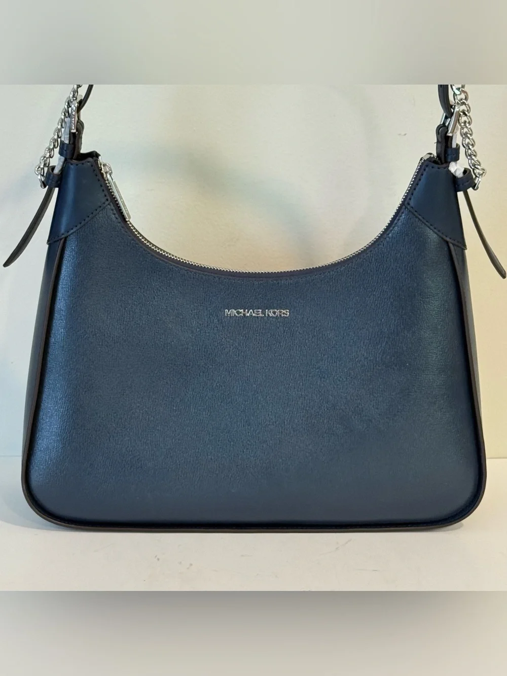 Michael Kors Wilma Navy Blue Leather Purse Silver Tone Chain Shoulder Bag